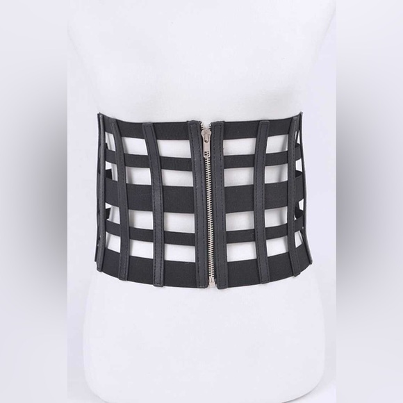 Black Vegan Leather Cage Zip Up Corset Statement Belt